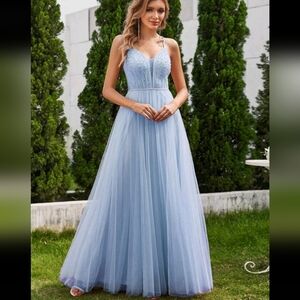 Spaghetti Strap Pearl Beaded Mesh Contrast Wedding Dress Blue Prom Dresses